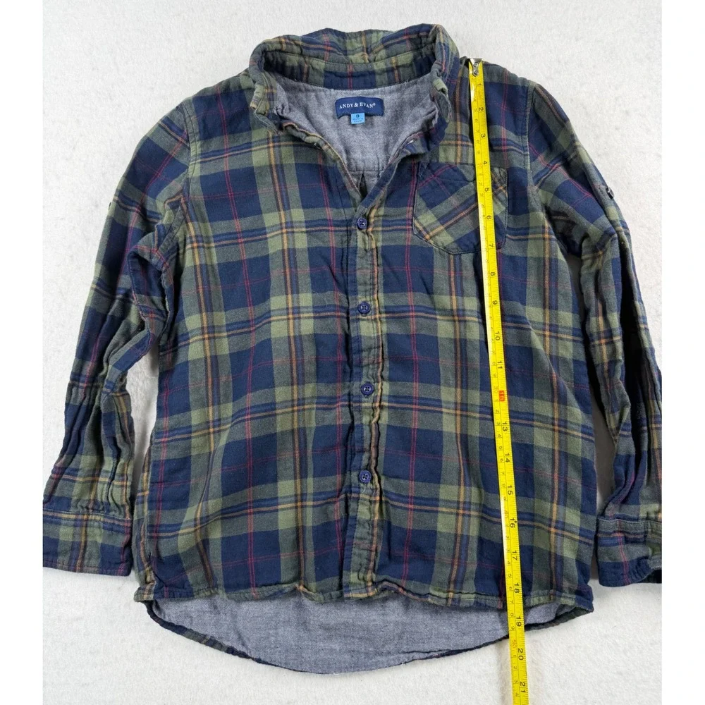 Andy & Evan Boys Size 8 Plaid Button Down Shirt Navy Green Roll Tab Sleeves